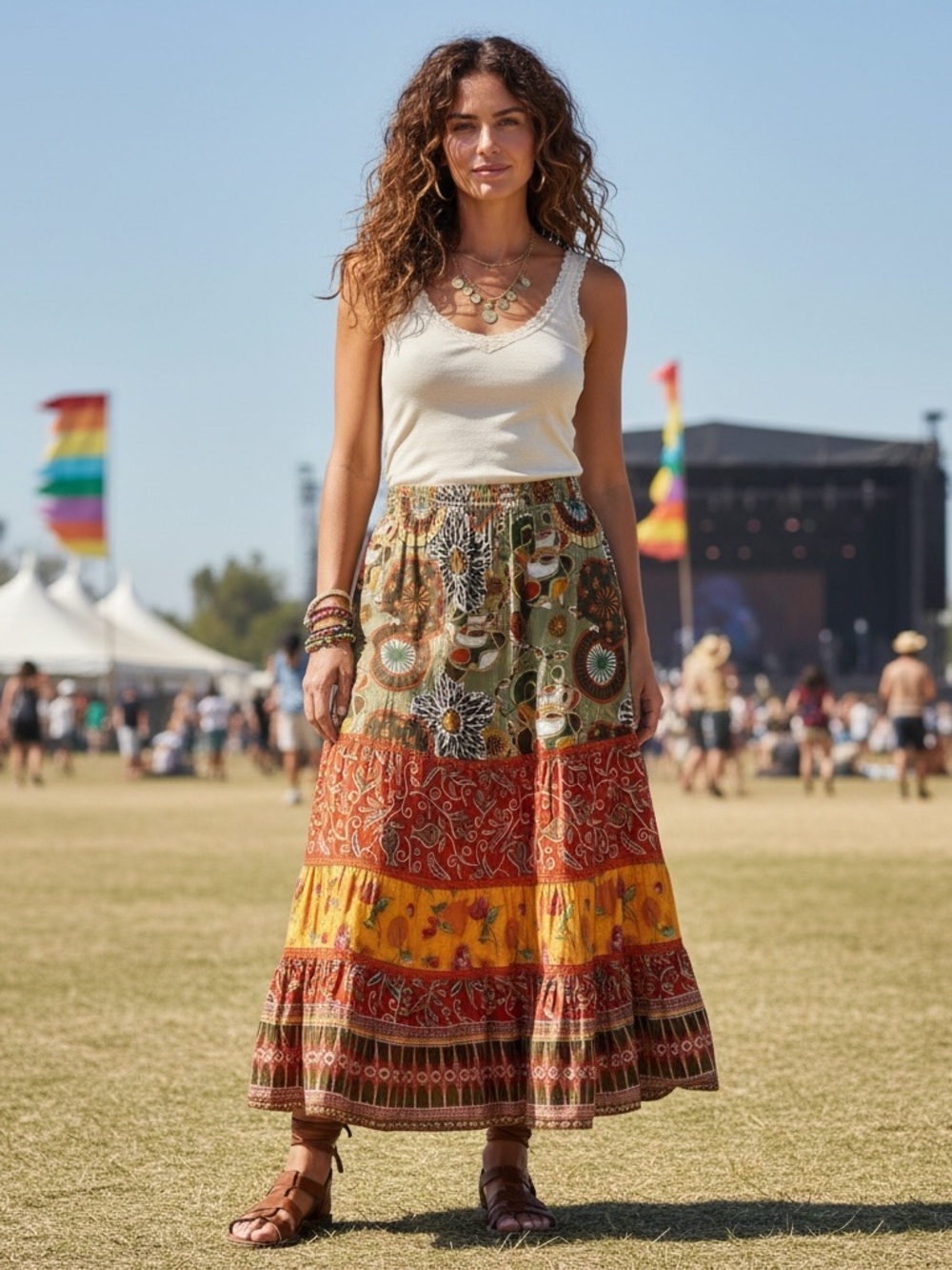 Coldwater Creek Patchwork Tiered Cotton Maxi Skirt Size S Boho Vintage Festival
